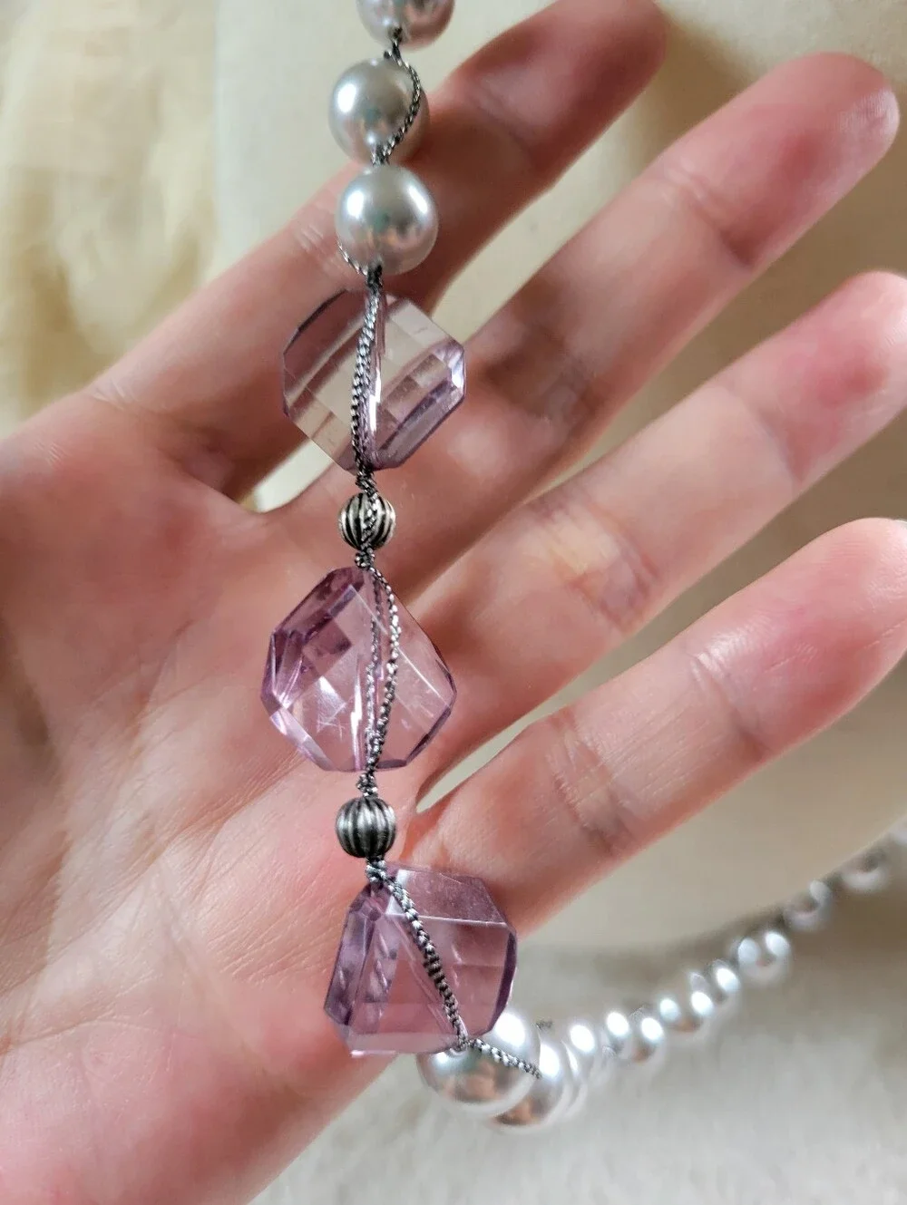 LOFT | Long Elegant Silver Tone Lavender Crystal & Faux Pearl Necklace - Picture 8 of 9